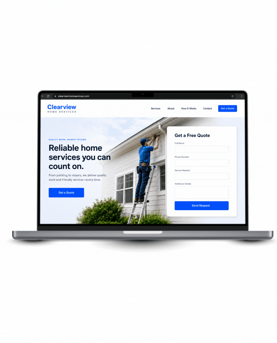 Animated functional website mockup showing a contractor website on a laptop