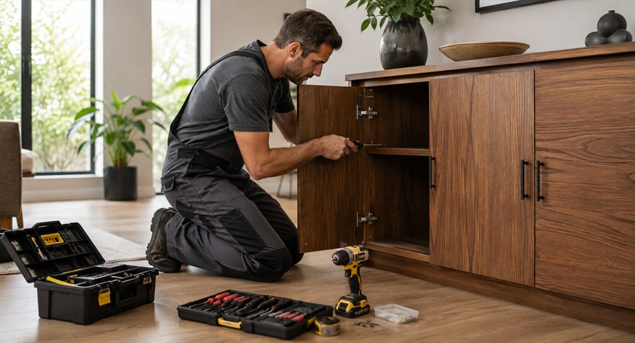 Handyman repairing a wooden cabinet