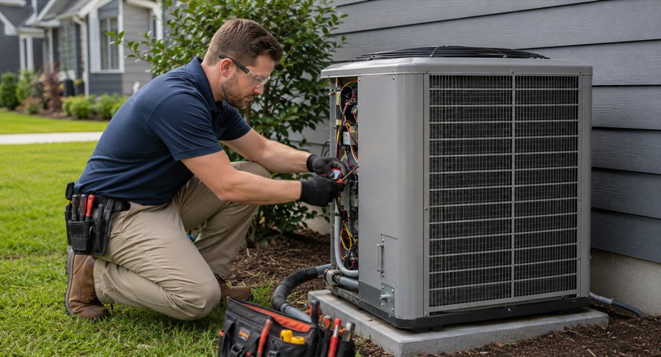 HVAC technician servicing an outdoor unit