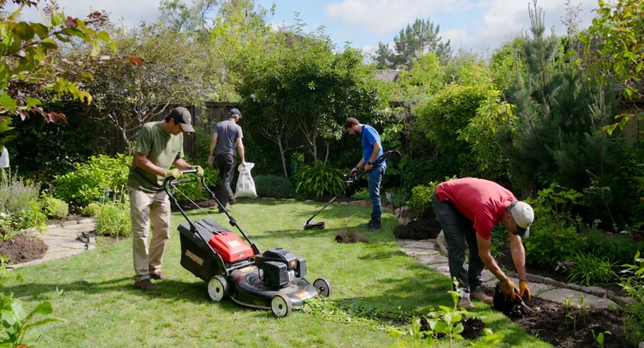 Landscaping crew working in a residential yard