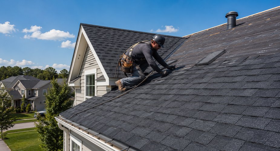 Roofer installing shingles on a residential home